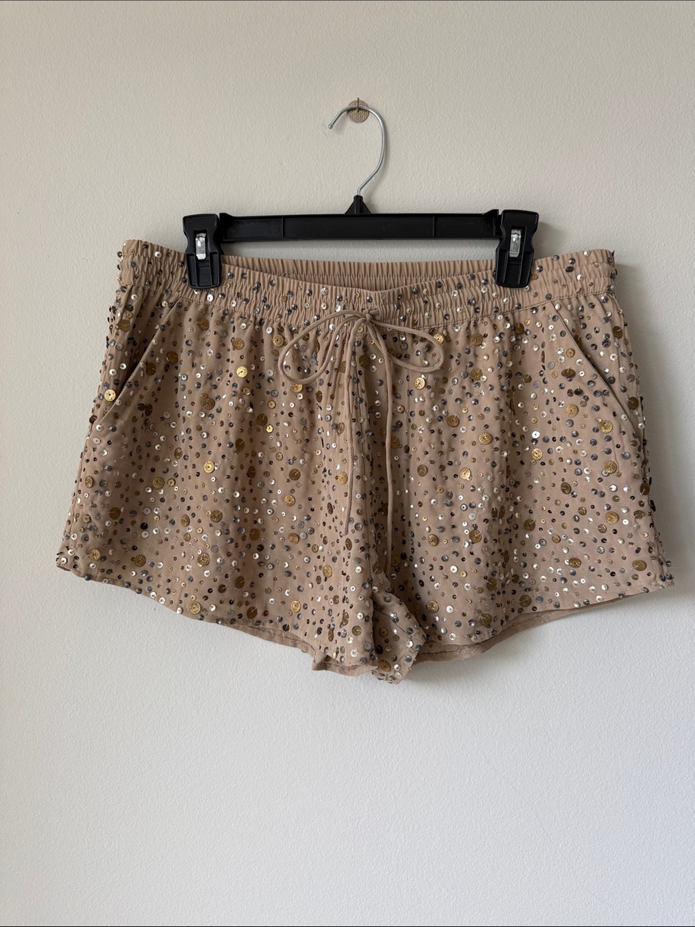 Joie Taupe Embellished Sequin Drawstring Athleisure Shorts